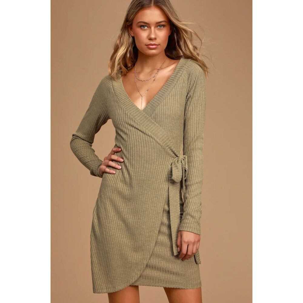 LULUS All My Wisdom Pale Olive Green Ribbed Faux Wrap Dress Size S